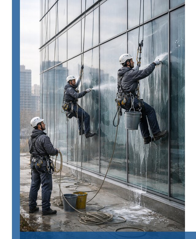 Промышленная мойка панорамных окон на высоте в Благовещенске