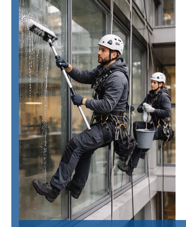 Профессиональная мойка витражей промышленными альпинистами в Благовещенске