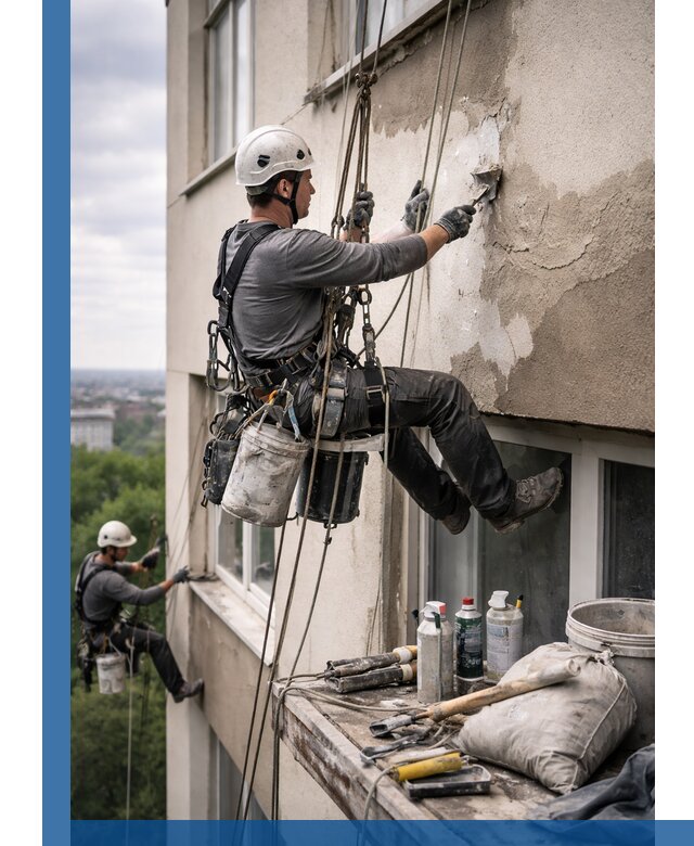 Косметический ремонт фасада зданий в Благовещенске промышленными альпинистами