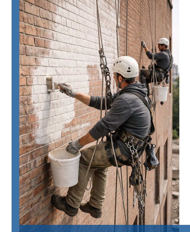 Покраска кирпичного фасада с доступным альпинистским сервисом в Благовещенске