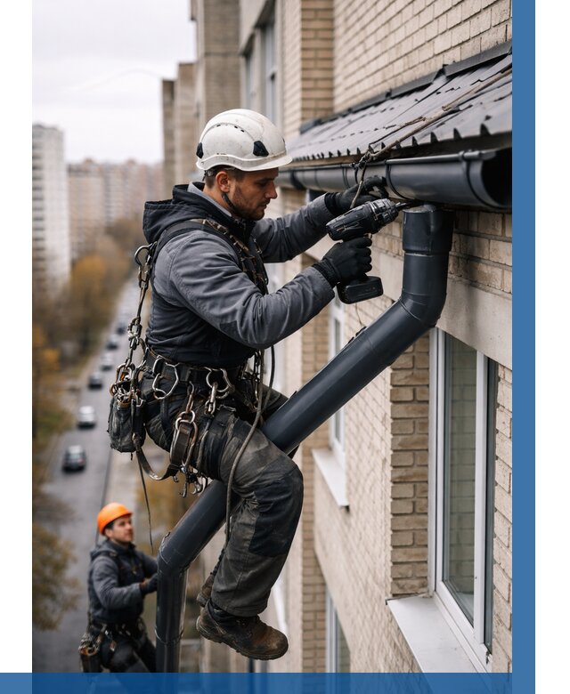 Монтаж водосточной системы на здании в Благовещенске от 5193 р. | ВЫСОТНИК-Бгв