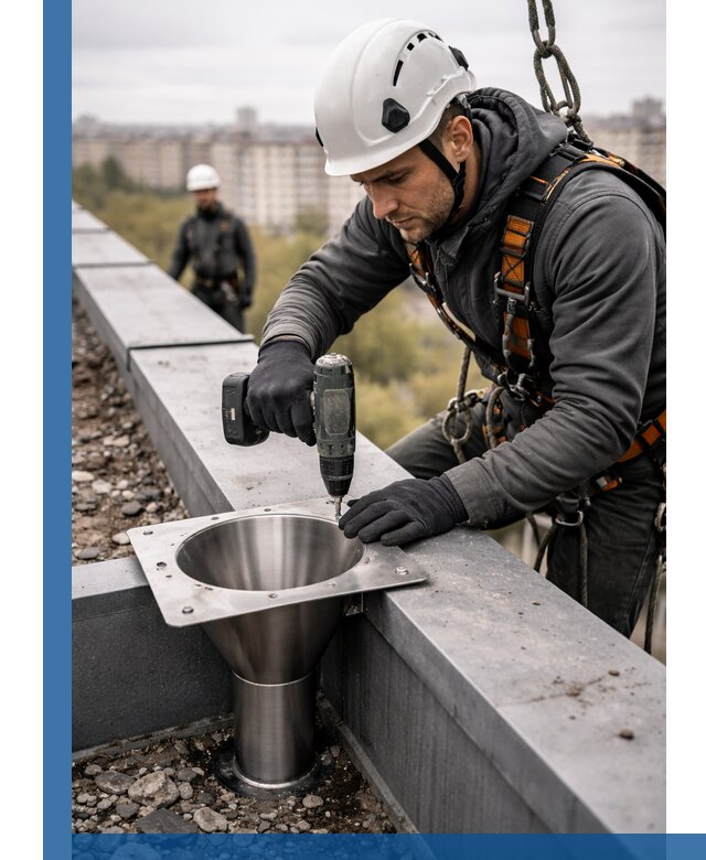 Монтаж водосточных воронок в Благовещенске для промышленных зданий