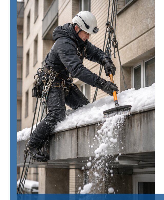 Очистка козырьков от снега в Благовещенске круглогодично безопасно