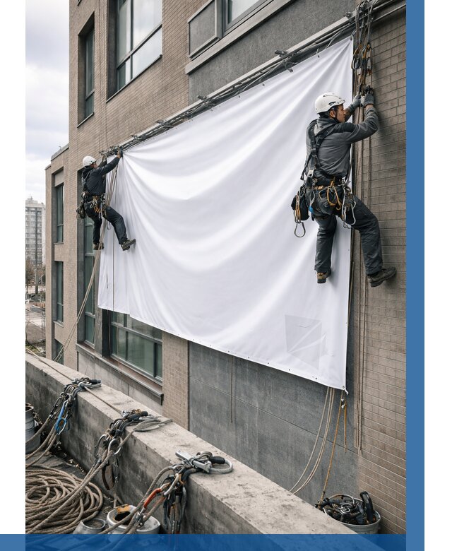 Монтаж баннеров на фасаде в Благовещенске от 675 р. заказать ВЫСОТНИК-Бгв