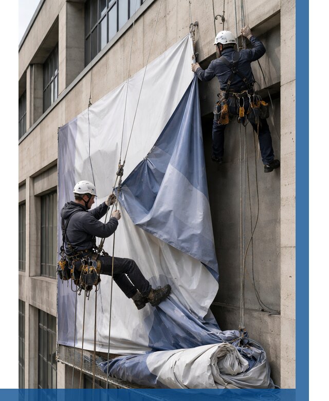 Демонтаж баннеров с фасада в Благовещенске от 4674 р. | ВЫСОТНИК-Бгв