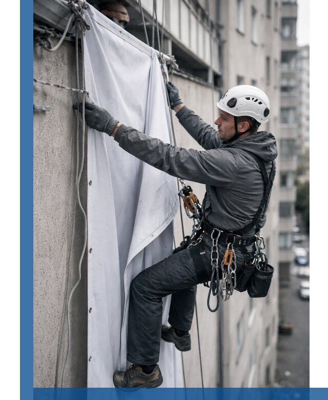 Замена баннерного полотна промышленными альпинистами в Благовещенске