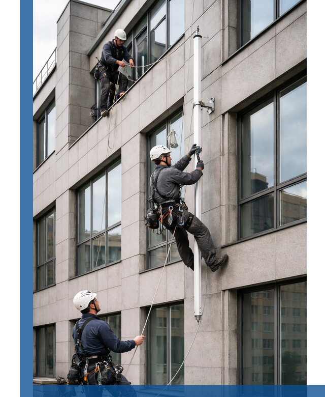 Монтаж флагштока на фасаде здания с креплением и герметикой в Благовещенске