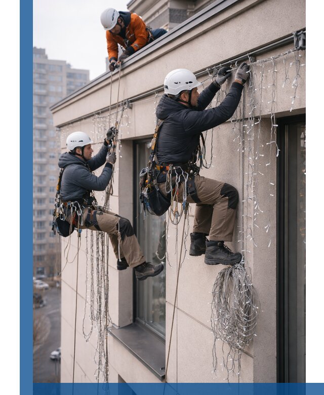 Монтаж праздничных гирлянд на фасаде в Благовещенске для зданий