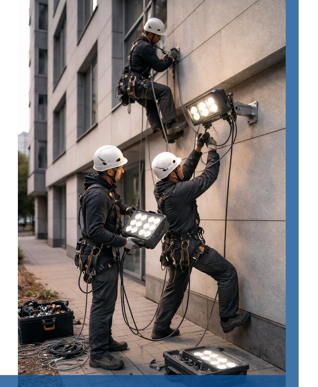 Монтаж прожекторов на фасаде в Благовещенске от 7790 р. | ВЫСОТНИК-Бгв