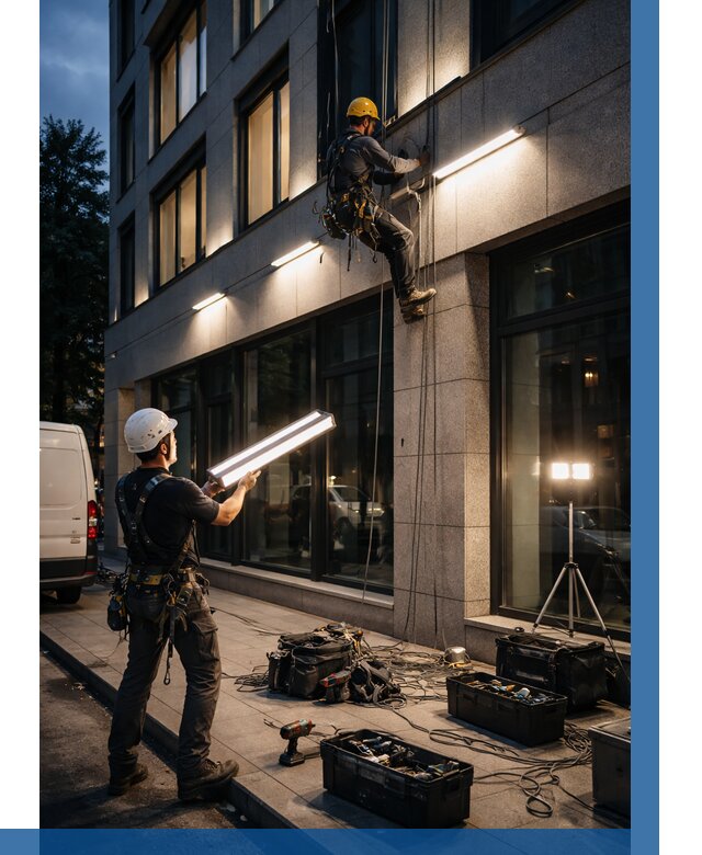 Монтаж архитектурной подсветки здания в Благовещенске от 2597 р.|ВЫСОТНИК-Бгв