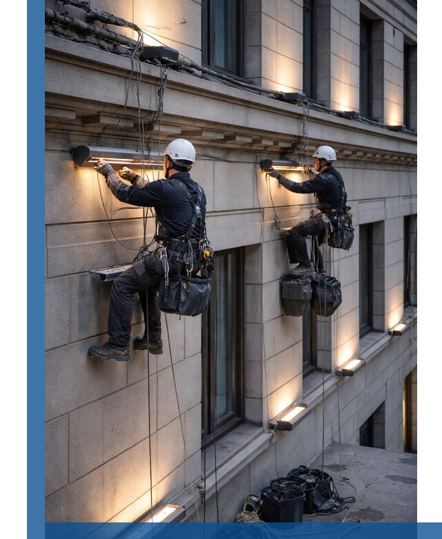 Монтаж архитектурной подсветки фасадов зданий в Благовещенске