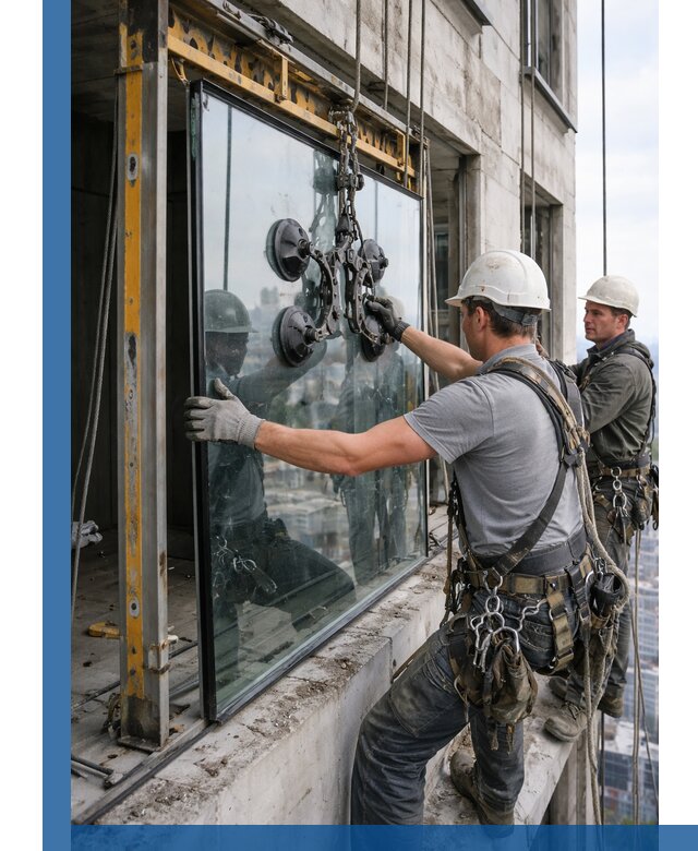 Монтаж стеклопакетов на высоте в Благовещенске с промышленным альпинизмом