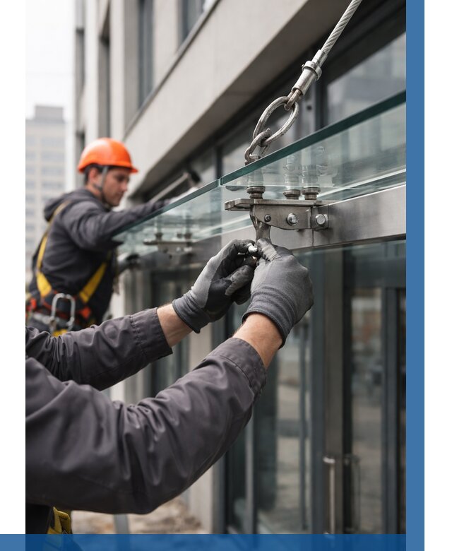 Монтаж стеклянных козырьков в Благовещенске от 8828 р. | ВЫСОТНИК-Бгв