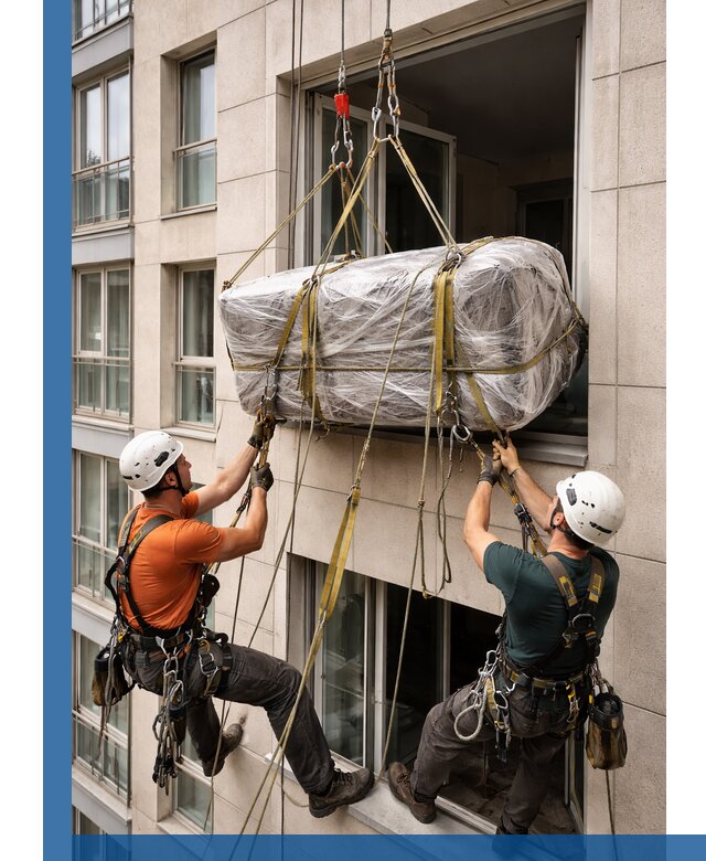 Подъем грузов через окно в Благовещенске промышленными альпинистами