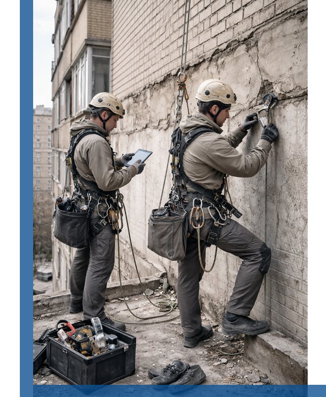 Обследование фасада промышленными альпинистами в Благовещенске